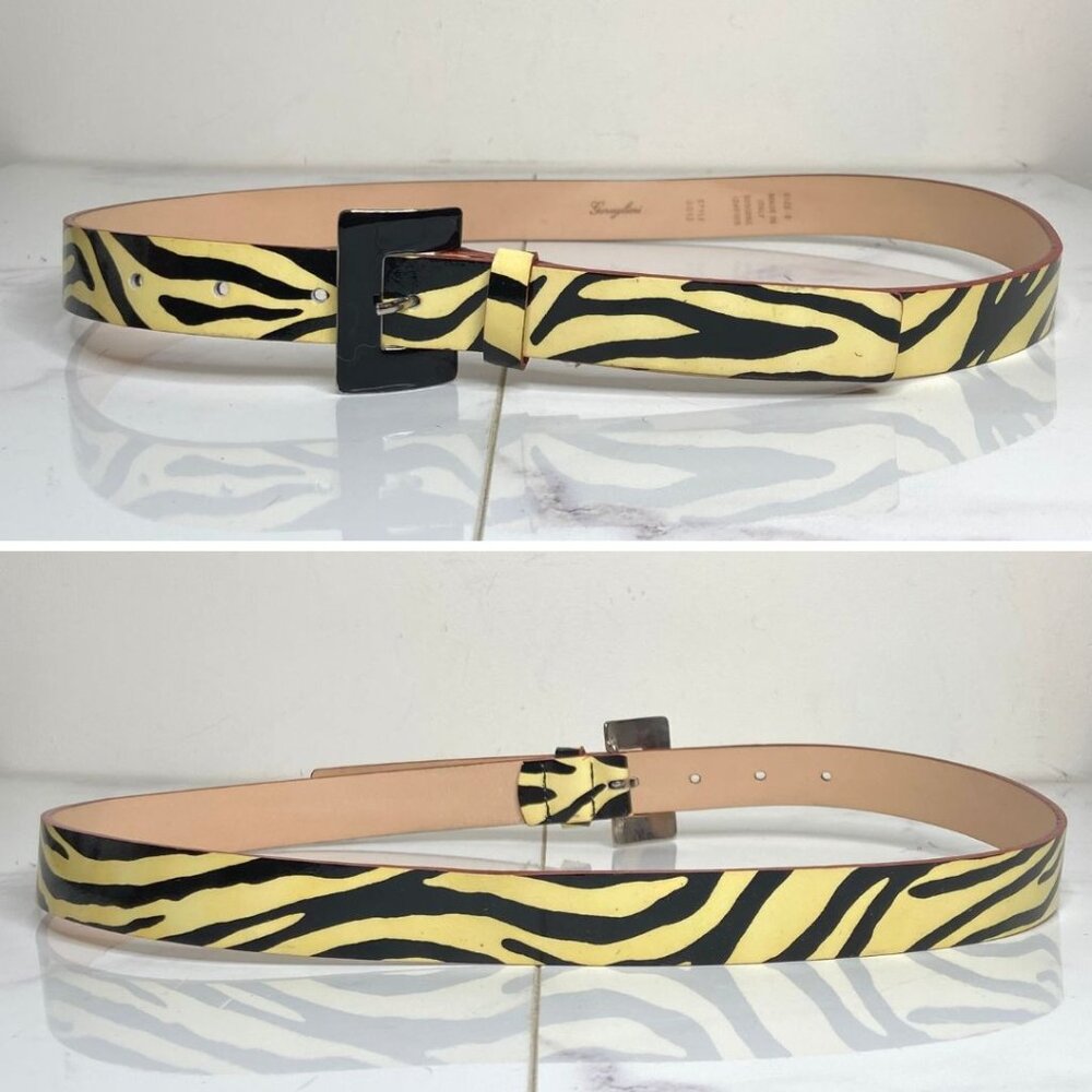 Garuglieri Italy Ivory White & Black ZEBRA Print Glossy Patent Leather Belt S